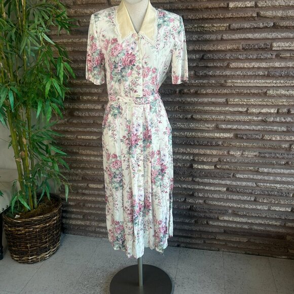 Karin Stevens Vintage 80s Rose Cottage Floral Lace Collar Shirtwaist Dress - Picture 16 of 16